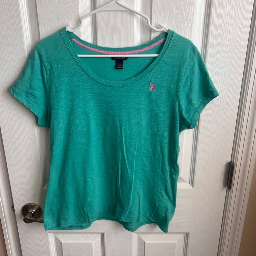 US Polo Assn Womens T-Shirt‎ Pink Pony Logo Green Scoop Neck Casual Top L